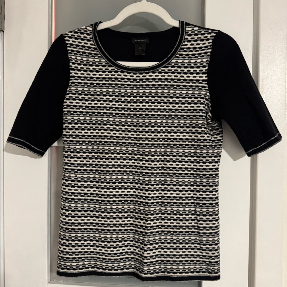 Ann Taylor Black Knit Short-Sleeve Top with Cream Trim